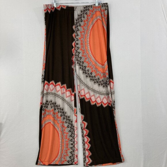 Chico's size XL/3 Brown Orange Boho Abstract Stretch Knit Wide Leg Pull-on Pants - Picture 1 of 8